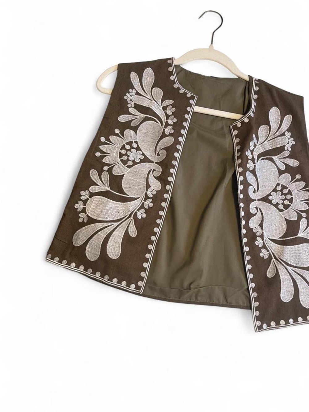 Embroidered Olive Green Sleeveless Jacket